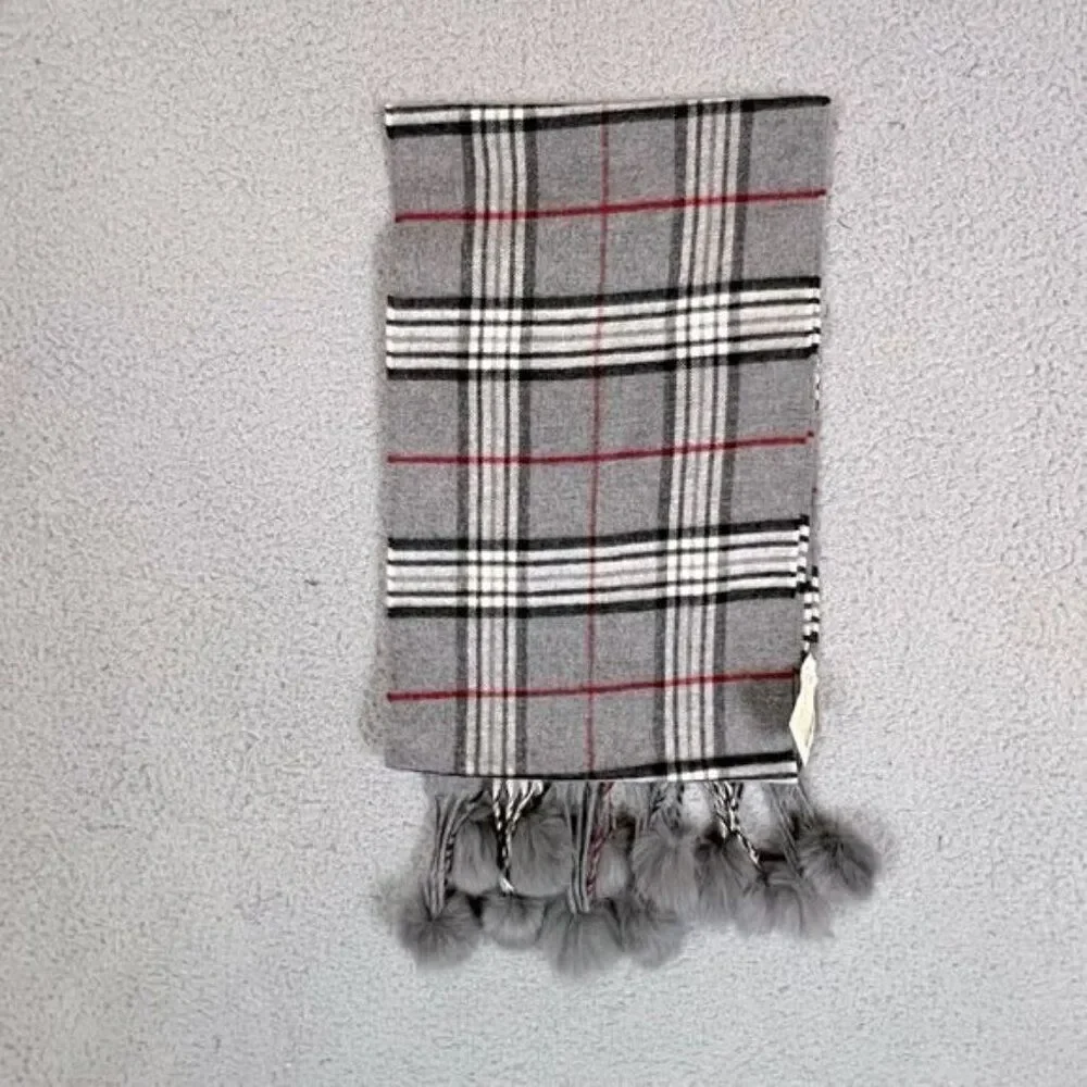WOMENS SCARF GRAY WITH STRIPES RABBIT FUR BALL TASSELS